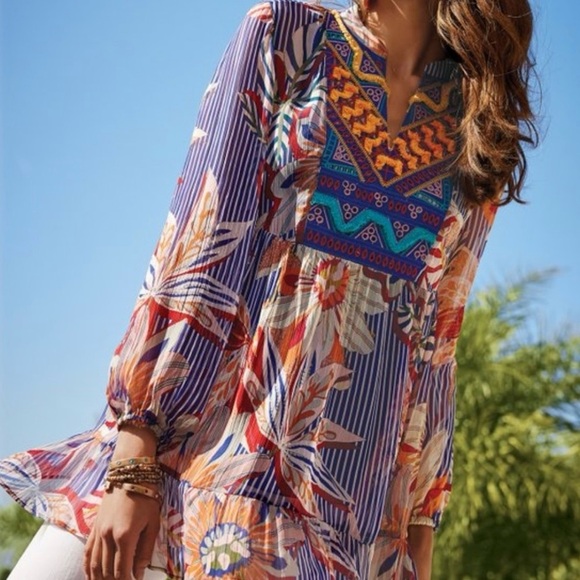 Soft Surroundings Tory Tunic – Floral Stripe Crinkle Chiffon Blouse (Size PL) - Picture 3 of 7